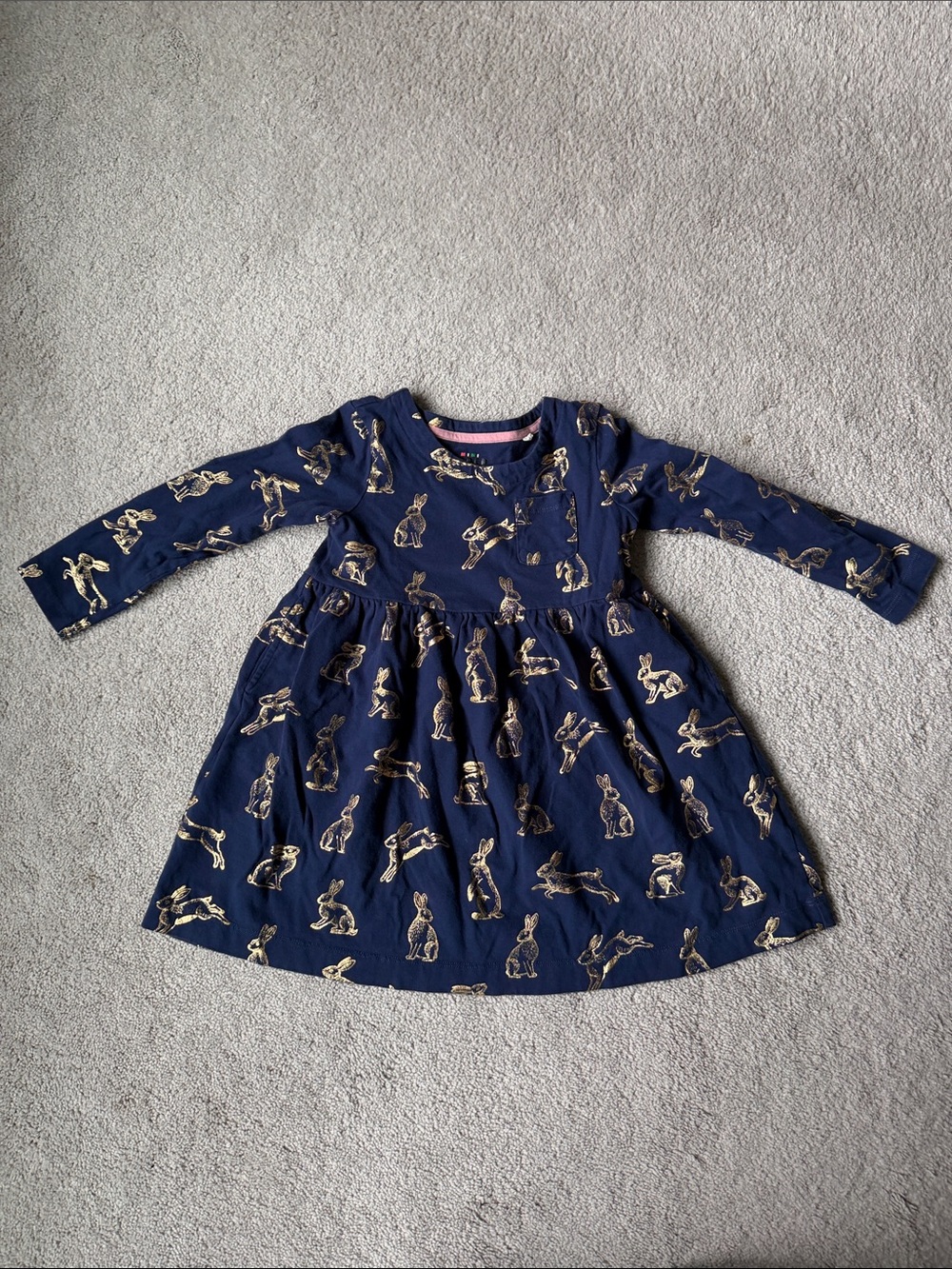 Mini Boden Navy Dress with Gold Bunny Print